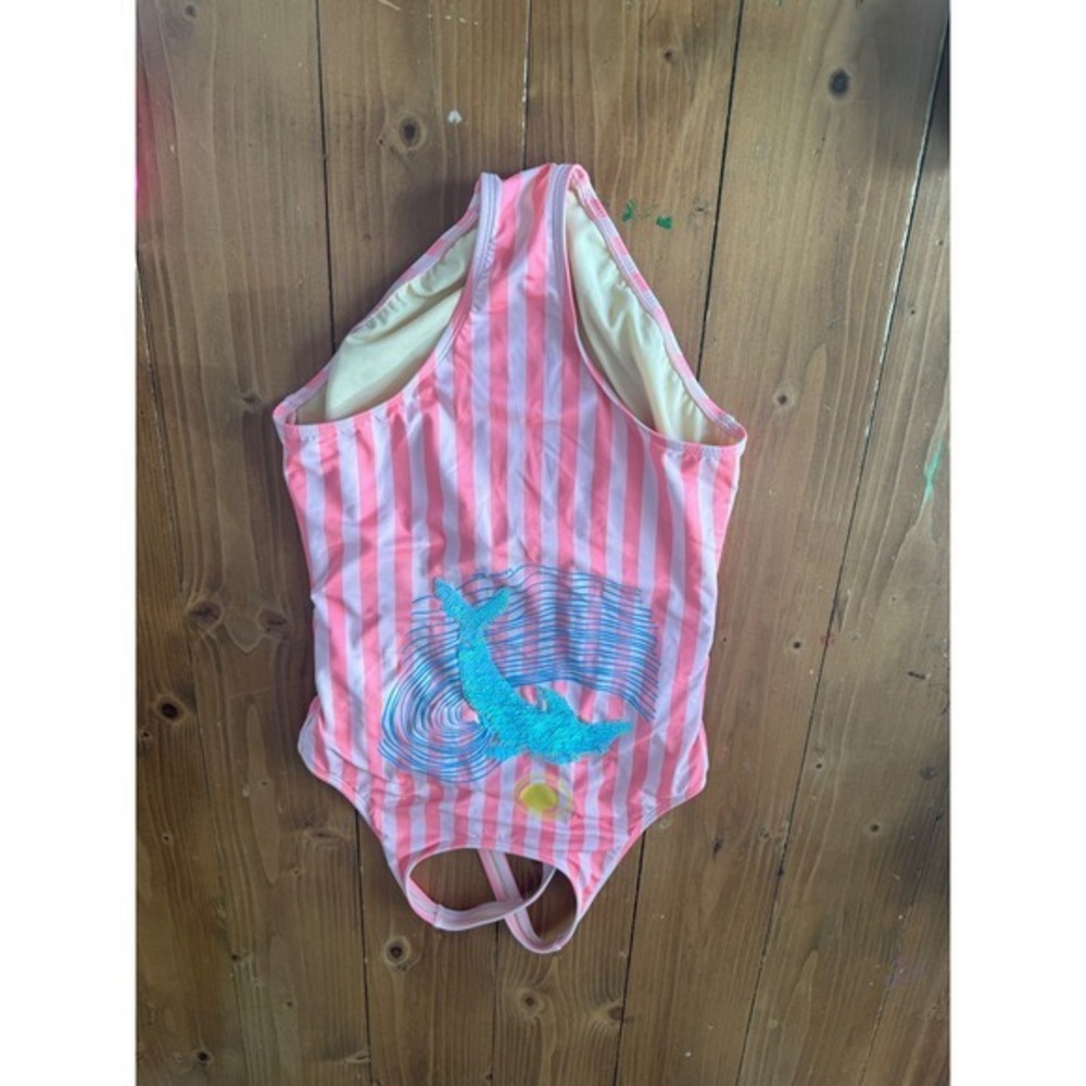 Lands End Kids Girls Pink White Stripe Dolphin Sequin One Piece Swimsuit Size 14
